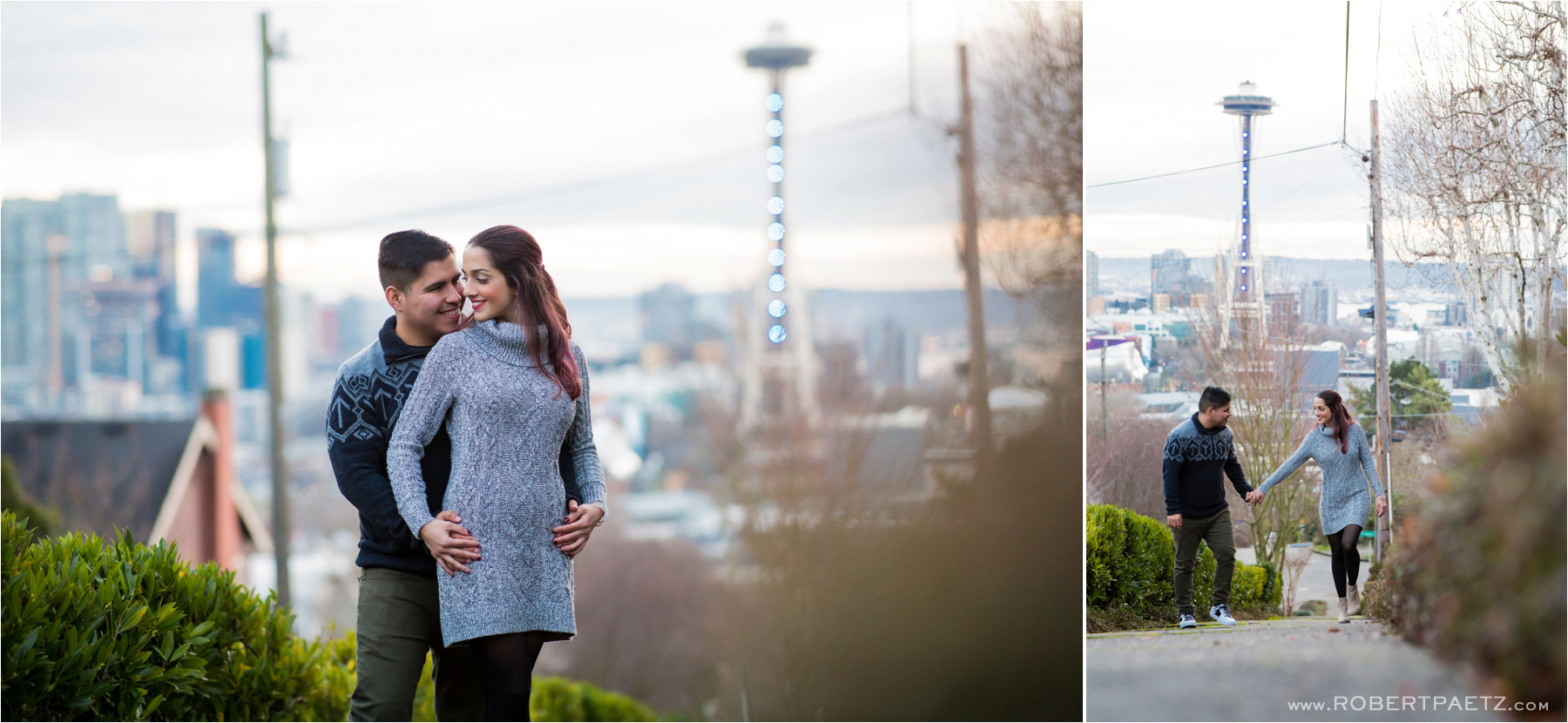 A winter themed seattle engagement photography session taken in the snow and downtown by the west coast wedding photographer, Robert Paetz. 