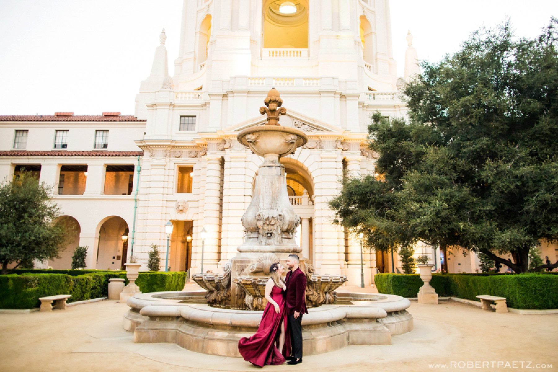 A Pasadena California engagement photography session at Pasadena City Hall, photographed by the west coast destination wedding photographer, Robert Paetz. 